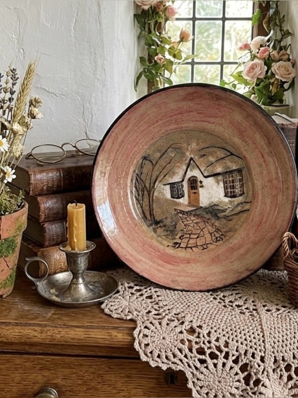 Studio Pottery House & Garden Plate - Earthy Tones - Rustic Cottagecore 2007